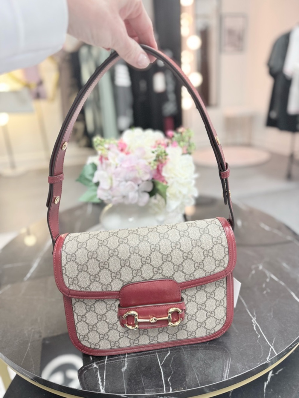 Gucci Beige GG Canvas Shoulder Bag with Burgundy Trim